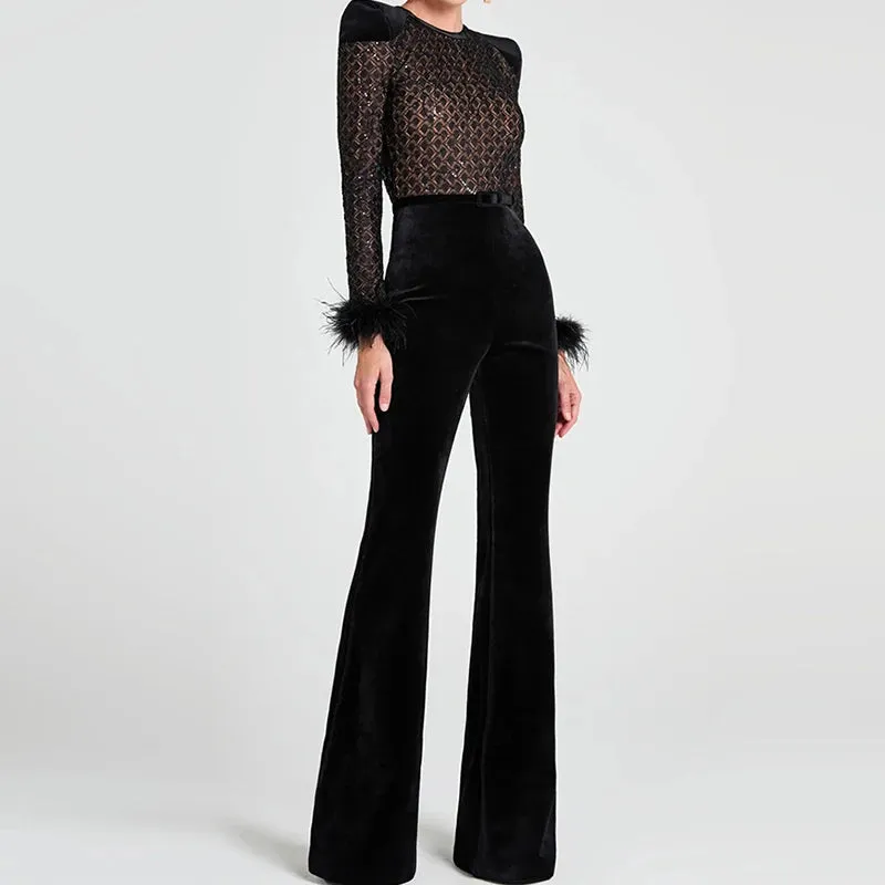UAKISS  -  Elegant Velvet Solid Straight Playsuit Casual Sequin Patchwork High Waist Romper Club Party Feather Long Sleeved Women Jumpsuit