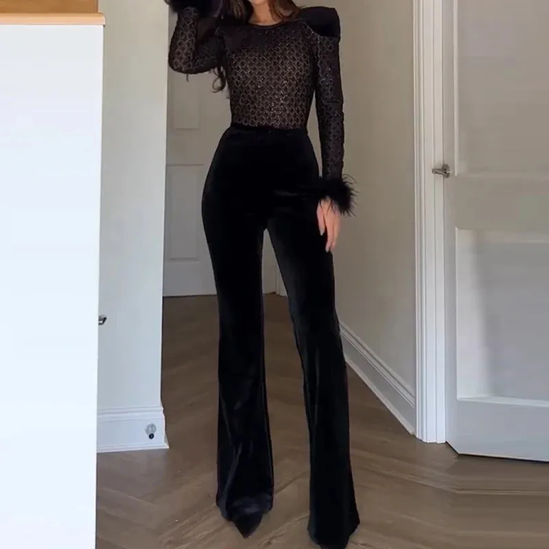 UAKISS  -  Elegant Velvet Solid Straight Playsuit Casual Sequin Patchwork High Waist Romper Club Party Feather Long Sleeved Women Jumpsuit
