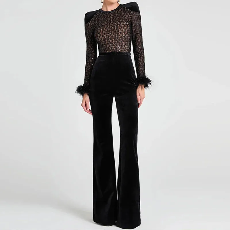 UAKISS  -  Elegant Velvet Solid Straight Playsuit Casual Sequin Patchwork High Waist Romper Club Party Feather Long Sleeved Women Jumpsuit
