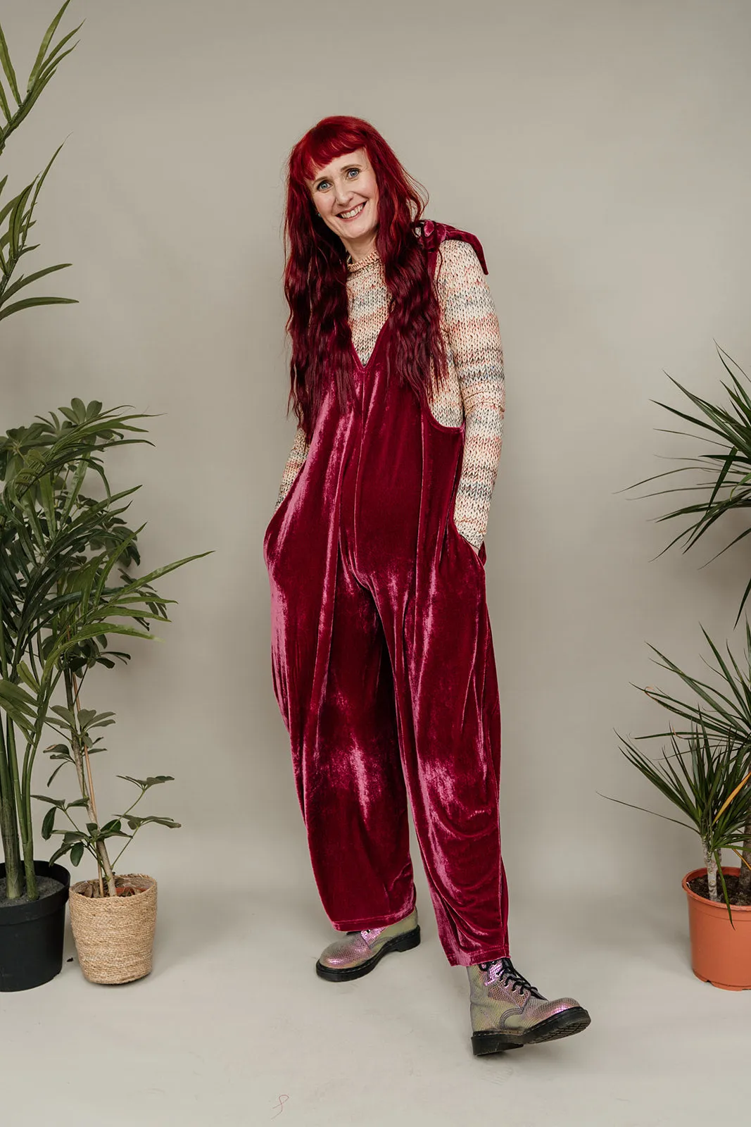 Velvet Dungaree Jumpsuit in Dusty Rose