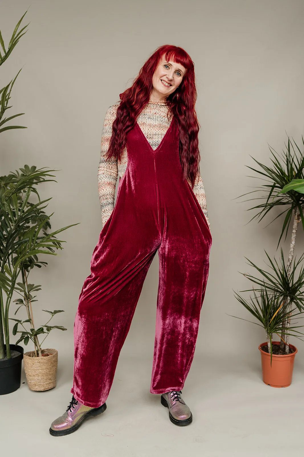 Velvet Dungaree Jumpsuit in Dusty Rose