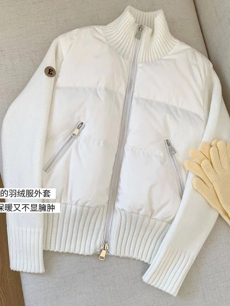 Winter Women Old Money Vintage Knit Patchwork Stand Collar Puffer Coat Cropped Padded Jacket Simple Outwear Thick Tide Stylish