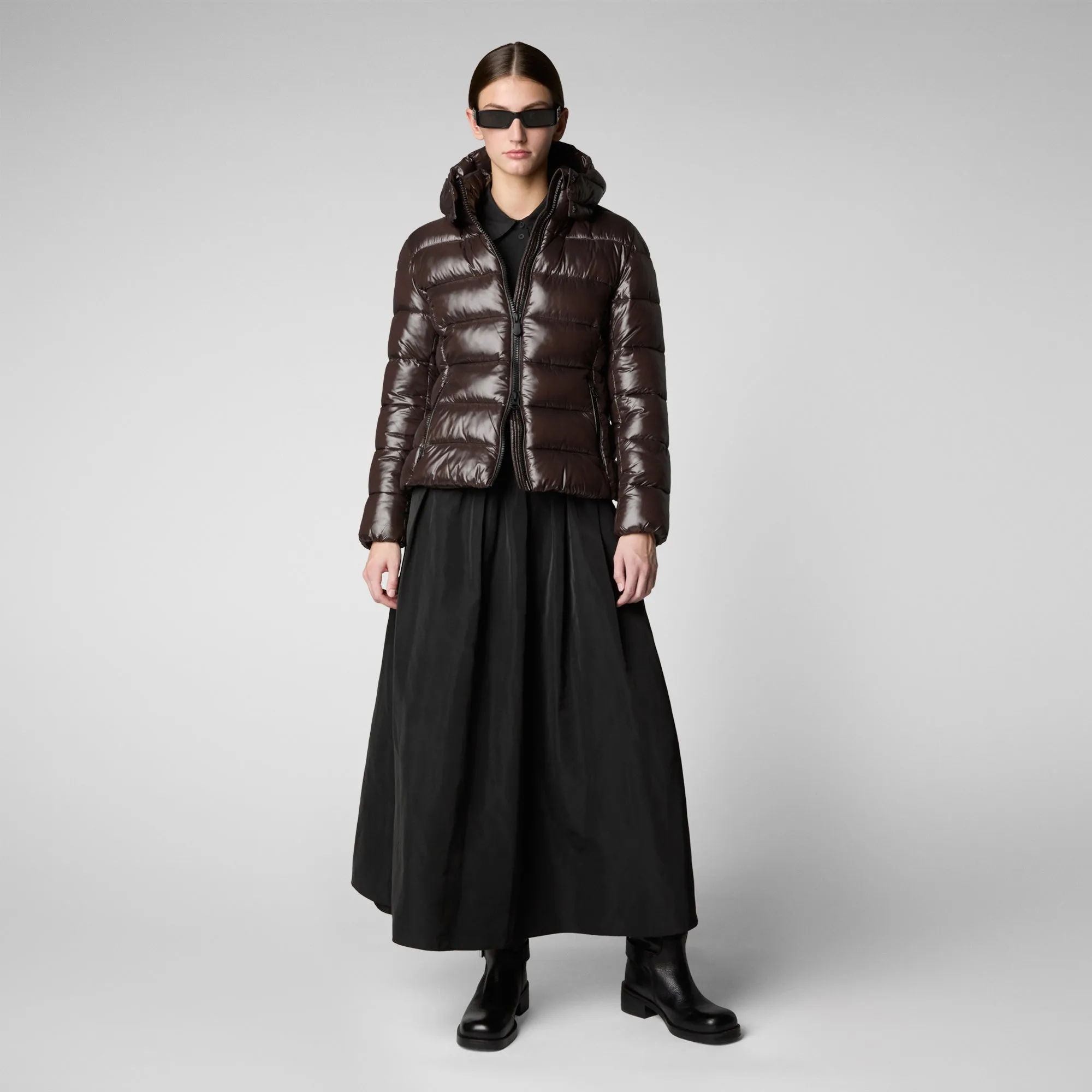 Women's Hooded Puffer Jacket Cosmary in Brown Black