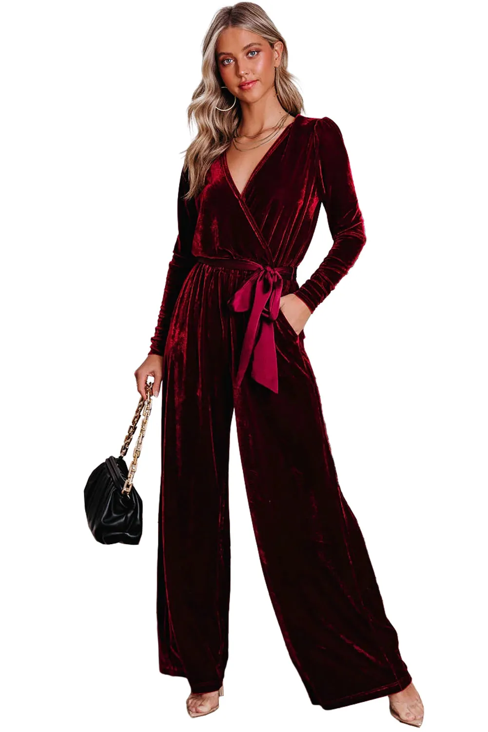 Women's Velvet Pocketed Cut out Back Wide Leg Jumpsuit