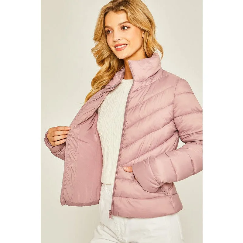 Woven Solid High Neck Puffer Jacket